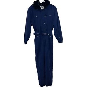 Nils Vintage Navy One Piece Belted Ski Snowsuit with Fur Trim Size 12